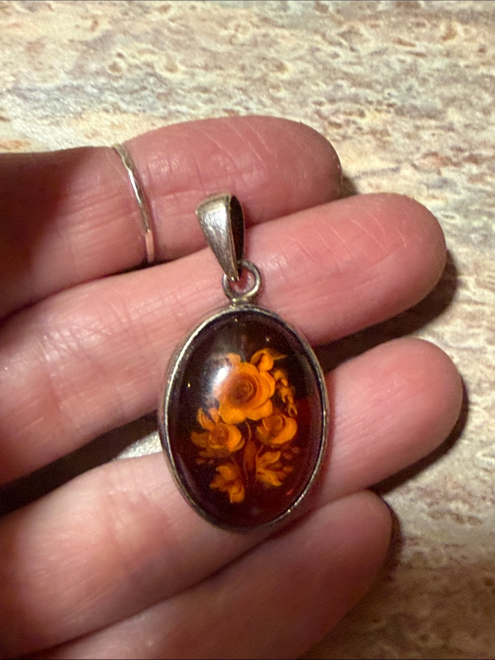 VintagePoland Sterling Silver Oval Amber? Possibly?Cabochon With Flowers Pendant - Picture 10 of 11
